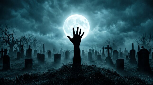 Spooky Cemetery with Raised Hand at Full Moon