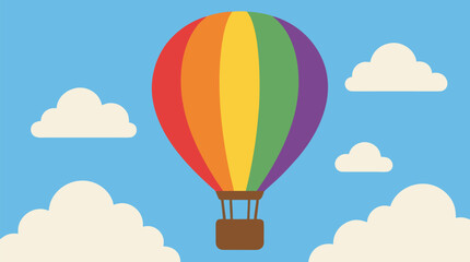 Obraz premium Colorful hot air balloon drifting through soft cream clouds in bright blue sky, rainbow striped travel vector, cheerful adventure poster, nursery wall art, vacation and freedom illustration