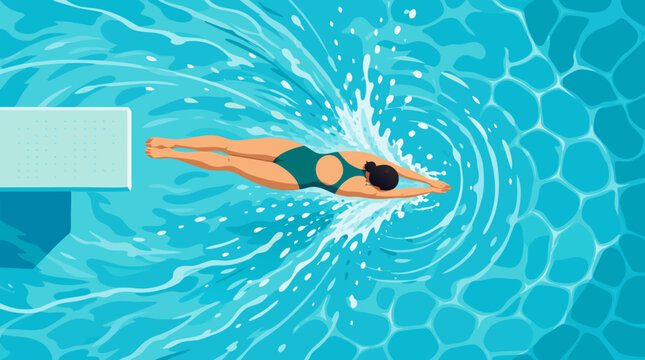 Dynamic top down view of female swimmer diving into turquoise pool, powerful splash trails, rippling lane water and aqua patterns for competition training vector sports poster illustration
