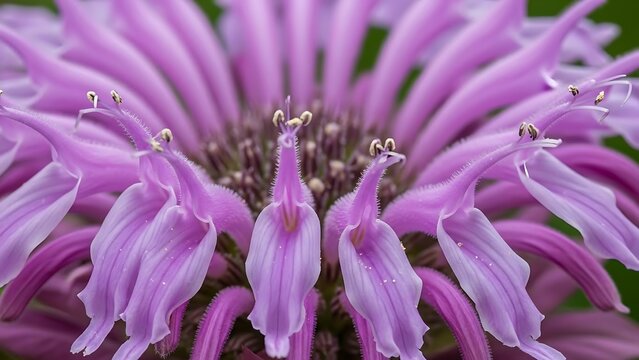 Macro shot of a purple bee balm flower showing intricate petal texture