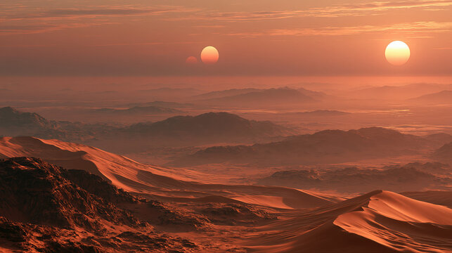Astronaut exploring vast desert alien planet with two suns. Alien desert landscape with two suns setting over dunes and rocky formations on a distant planet in a sci-fi setting