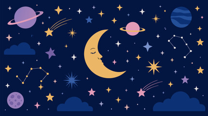 Naklejka premium Dreamy midnight blue celestial vector background with smiling crescent moon, colorful planets, shooting stars, constellations, sparkles and clouds for nursery decor, posters and magical night designs