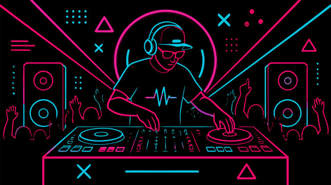 Electric neon DJ vector scene with pink and cyan line art, turntables, speakers, dancing crowd and futuristic nightclub energy for music festival posters, party flyers and nightlife branding