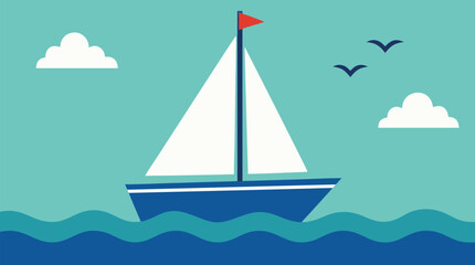 Naklejka premium Cheerful sailboat vector illustration with white sails and blue hull on teal waves, red flag, clouds, and seabirds, clean nautical artwork for travel, summer, boating, and seaside branding