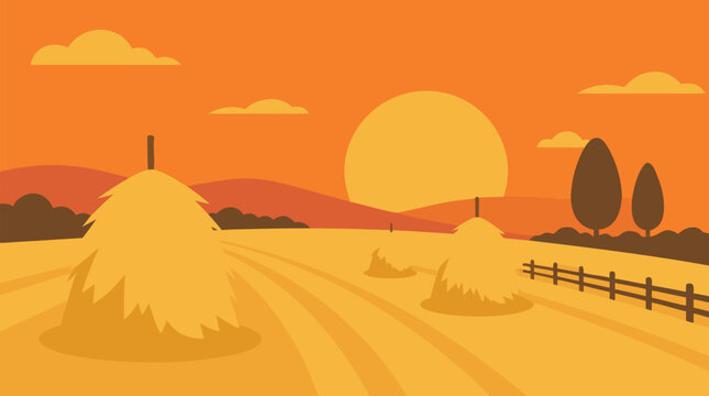 Golden rural sunset landscape vector illustration with haystacks in amber field, rolling hills, fence, trees, and glowing sun, warm pastoral farm scene for harvest, autumn, and countryside themes