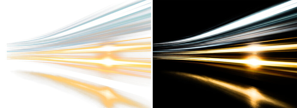 Abstract Fast Moving City Light Trails with Floor Reflection on Transparent and Black Background