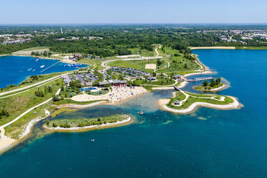Aerial view of a recreation area with water sports