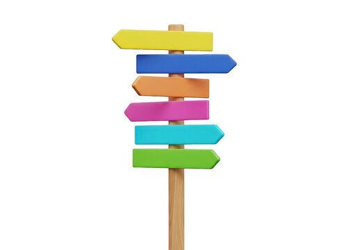 Colorful wooden sign post with many blank directional arrows pointing in different directions