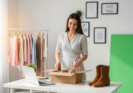 Smiling Young Female Entrepreneur Packing High Heels for Online Order in Her Fashion Studio