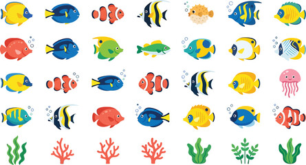 Fototapeta premium Set of colorful tropical fish and coral reef elements for marine life design and aquatic illustrations