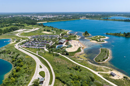 Aerial view of a recreation area with water sports