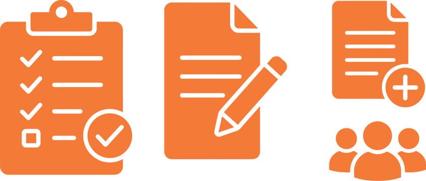 Set of orange office and business document management and teamwork icons with document business clipboard checklist teamwork management organization administration workflow corporate
