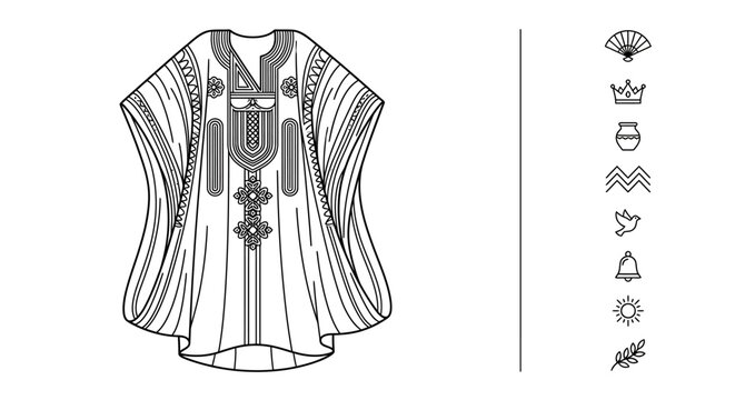 Traditional African Dashiki Garment Line Art with Cultural Symbols