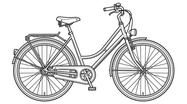 Creative Black and White Line Drawing of a Classic City Bike with Basket and Straight Handlebar