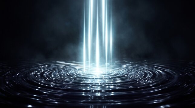 Abstract blue light beams emerge from a dark, rippling surface