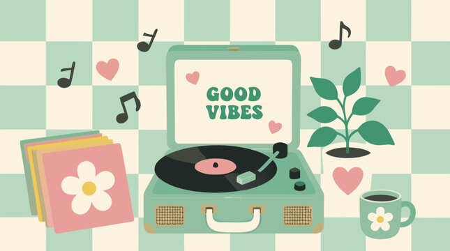 Retro mint record player with vinyl, good vibes message, plant, coffee, hearts and music notes on pastel checkerboard background, cheerful flat vector for nostalgic music lifestyle decor