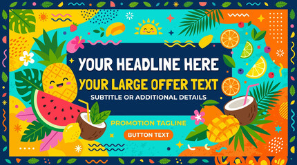 Fototapeta premium Vibrant Tropical Summer Fruit Background Featuring Colorful Illustrations and Decorative Patterns for Seasonal Promotional Sales and Retail Marketing Designs