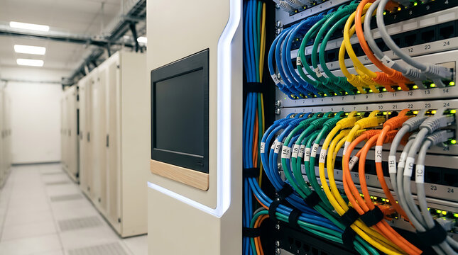 Ethernet network patch wire cables plugged in system router server cabinet rack