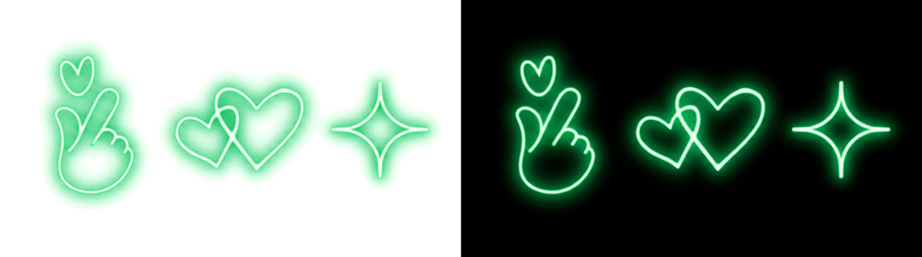 Set of green neon icons with finger heart gesture, interlocking hearts and sparkle symbol featuring realistic glowing effects including PNG, Transparent and Black Background Versions