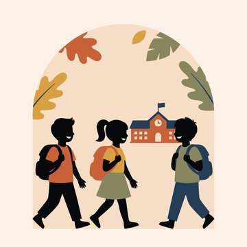 Children silhouettes walking to school building decorated with autumn fall leaves children students silhouette