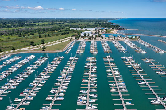 Aerial View of Boats in a Marinia along Lake Michigan