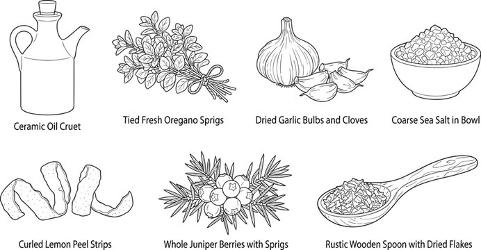 Botanical Herb Outline Vector Clipart Set with Oregano, Garlic, Juniper and Kitchen Ingredients