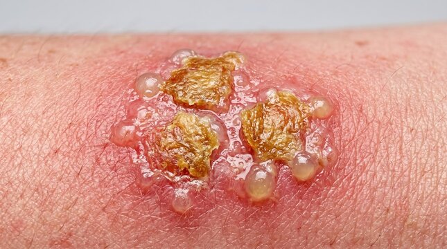 Macro close up of severe impetigo skin infection with honey colored crusts and fluid filled blisters