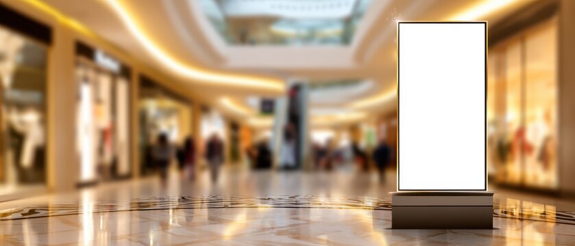 Blank advertising lightbox billboard mockup in shopping mall corridor with defocused shoppers and luxury store lights