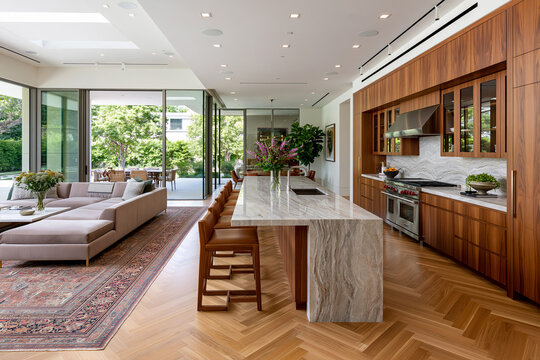 Modern kitchen and living area in a home