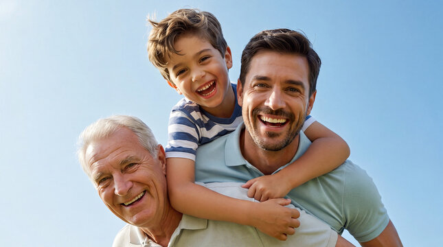 A grandfather, father, and son laughing together, with the father carrying the boy on his back against a clear blue sky, symbolizing multi-generational love.