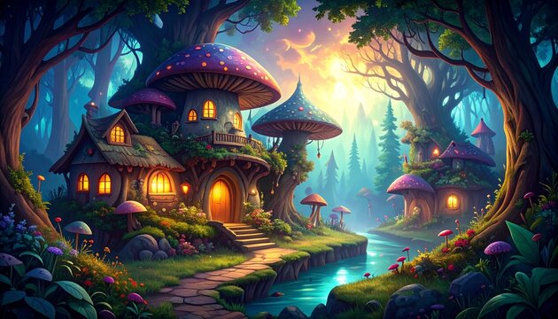 Enchanted fantasy village nestled in magical forest at twilight.