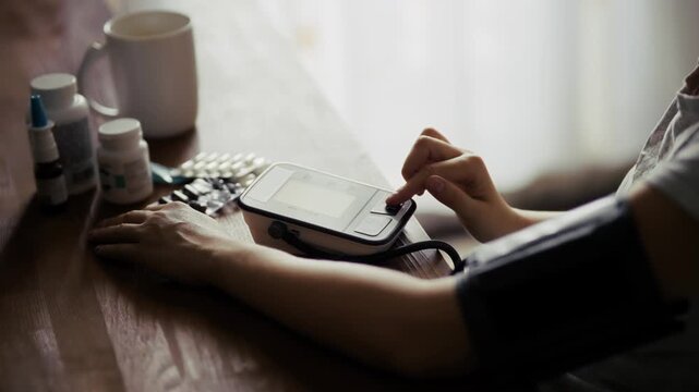 Patient Measuring Blood Pressure. Pressing Start Button On Digital Tonometer. Checking Health At Home 