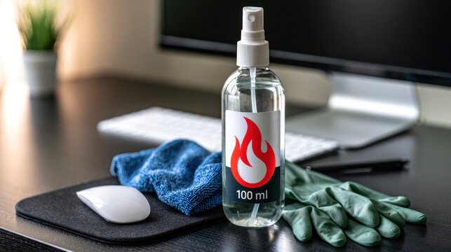Close up flammable liquid bottle near computer equipment.