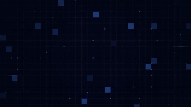 Digital pixel blocks flickering on dark blue grid background for sci-fi HUD technology interface design