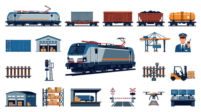 Freight and Logistics Icons: Trains, Cranes, Warehouses, Forklift, Drone, Control Panel