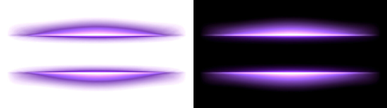 Pair of purple horizontal light glow streaks with realistic soft diffusion and cinematic optical flare effects for background overlays including PNG, Transparent and Black Background Versions