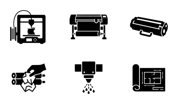 3D Printer, Large Format Printer, Ink Cartridge, Blueprint Icons: Manufacturing & Technology Set