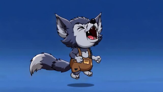 Cute cartoon wolf character with grey fur and white accents, wearing brown overalls, jumping and howling with its mouth wide open against a solid blue background.