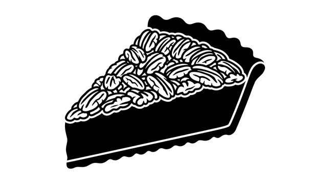Detailed black and white vector illustration of a pecan pie slice packed with nuts in a flaky crust. Perfect for holiday food designs and bakery logos.