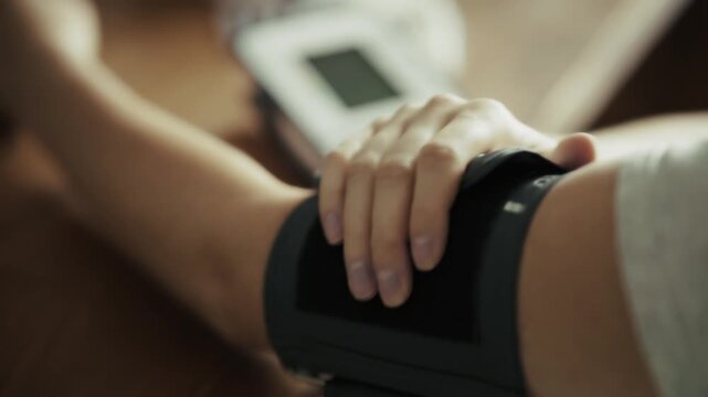 Person Measuring Blood Pressure At Home. Placing Digital Sphygmomanometer Cuff On Arm. Healthcare Control Daily 