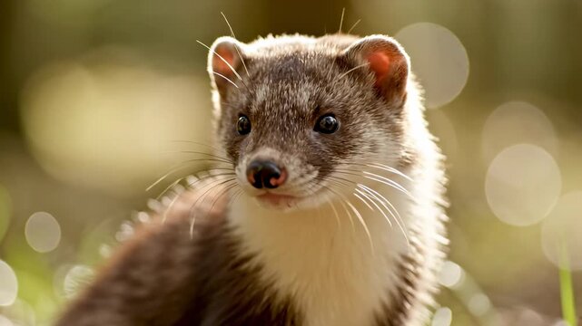 A cautious wild least weasel observes its natural surroundings with intense curiosity while standing amidst the soft golden light that illuminates the forest floor during a warm summer afternoon