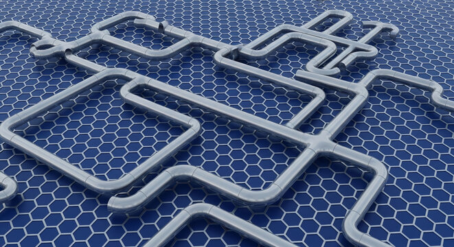 Silver pipes form a complex network over a blue hexagonal grid, representing connection, flow, and modern infrastructure, ideal for technology or industry themes