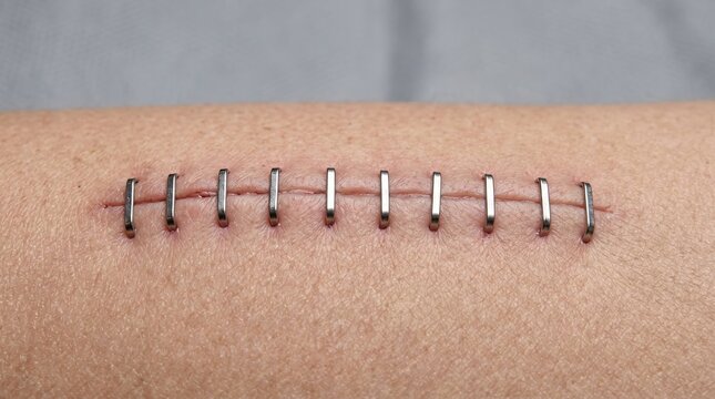 Macro close up of a healed surgical incision closed with metal medical staples