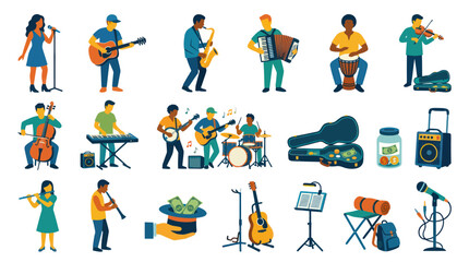 Fototapeta premium Music Industry Flat Vector Icons Set with Musicians, Musical Instruments and Entertainment Elements