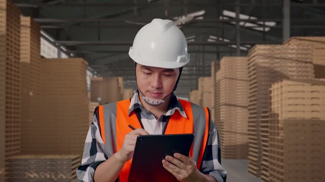 Front View of Asian Male Engineer Taking Note on Tablet While Walking at Warehouse Interior with Stacked Wooden Pallets