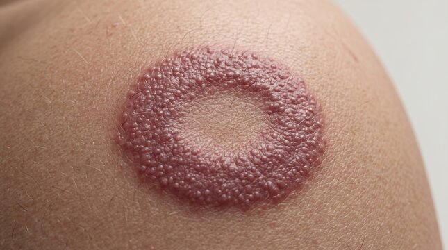 Macro close up of a raised red circular rash indicating a fungal infection or skin disease