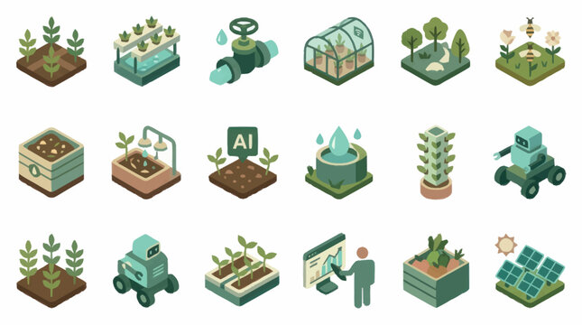 Isometric illustration of modern agriculture and farming technology.