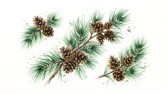 Watercolor painting of pine branches with brown pinecones pinecone branches watercolor evergreen painting botanical illustration woodland seasonal vegetation wilderness artistic detailed