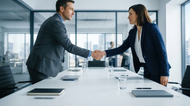 Business Professionals Handshake Over Conference Table Corporate Meeting Room Environment