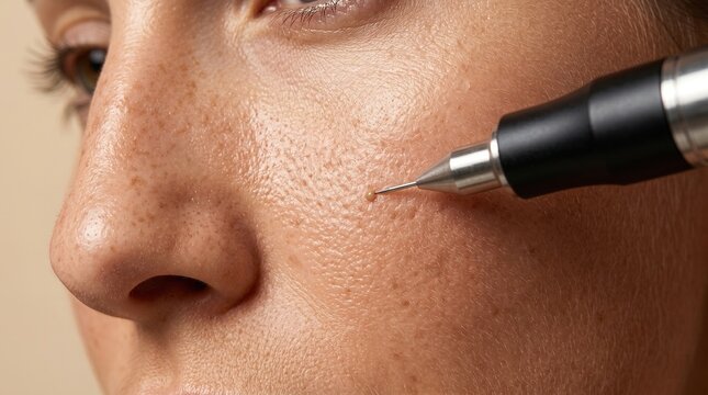 Macro close up of woman receiving plasma pen treatment for mole and freckle removal on her face